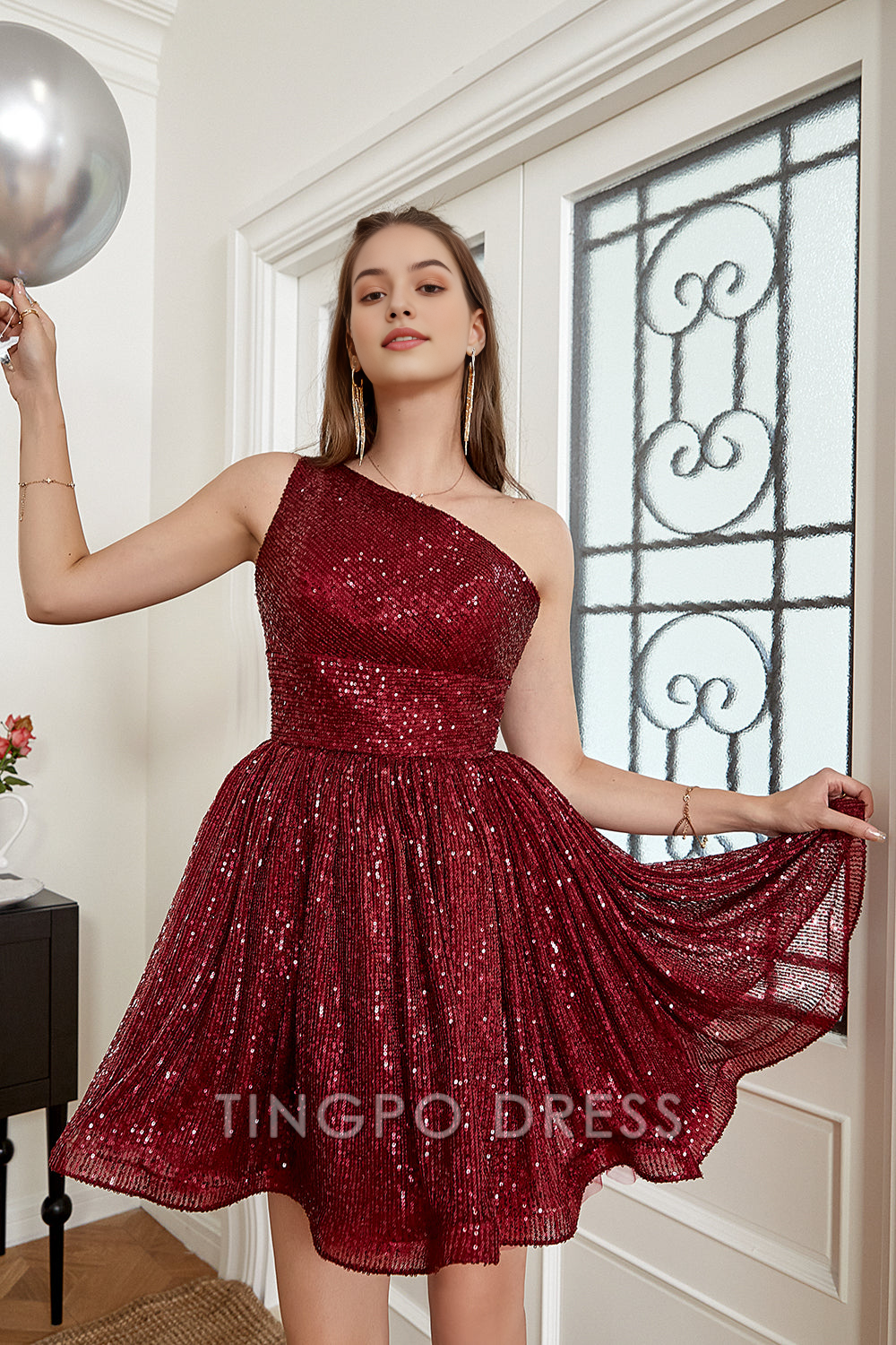 TingPo Wholesale Elegant One Shoulder Sequin A-line Short Prom Dress formal wear dresses